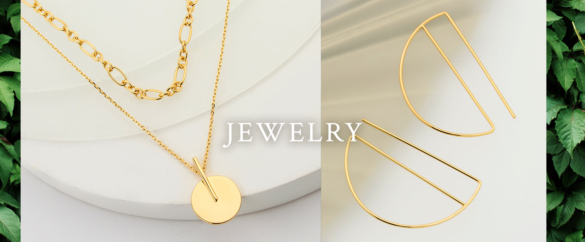 Gold necklace with circular pendant and geometric shaped earrings