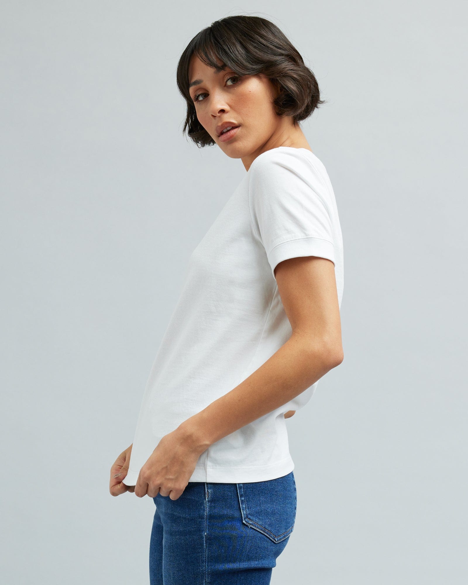 Woman in a short sleeved basic t-shirt
