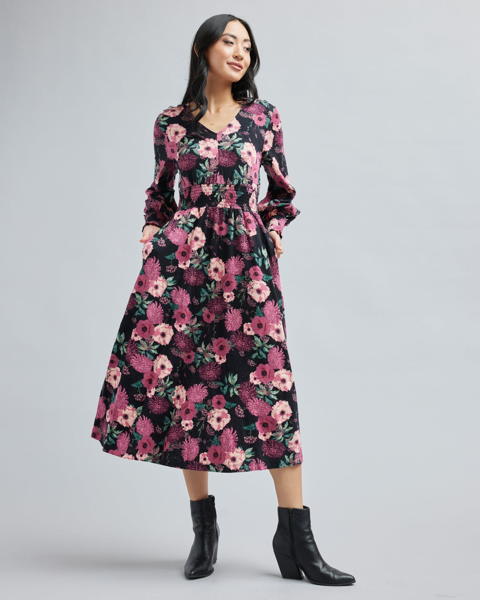 Woman in a long sleeve, floral print, midi-dress