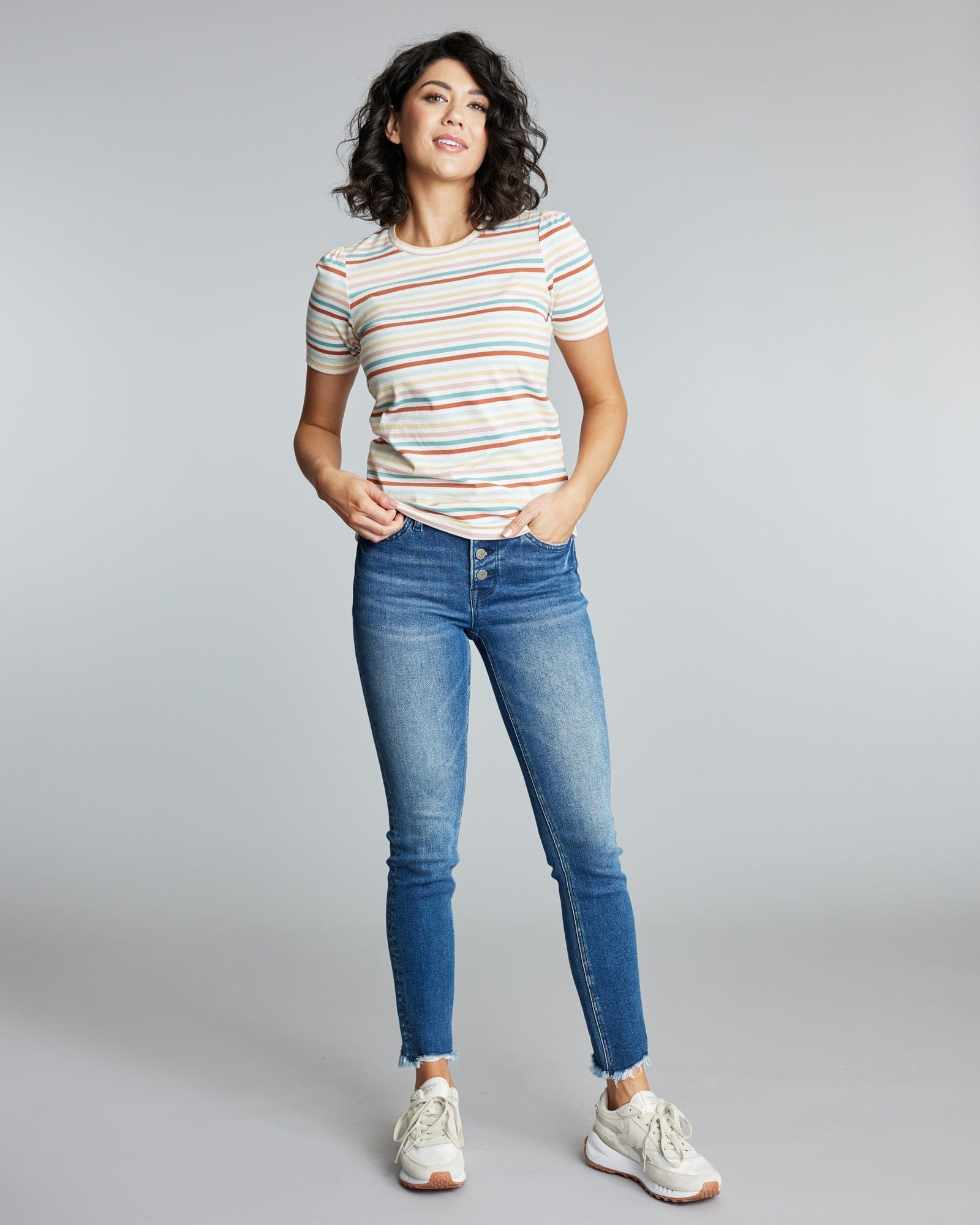 Woman in a short sleeve striped t-shirt