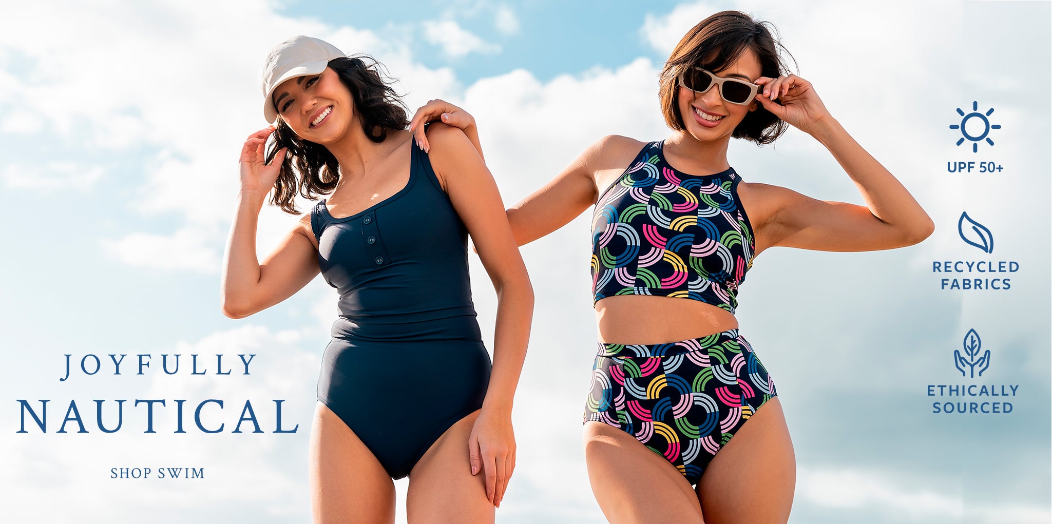 Two women in swimsuits with text that reads "Joyfully Nautical"