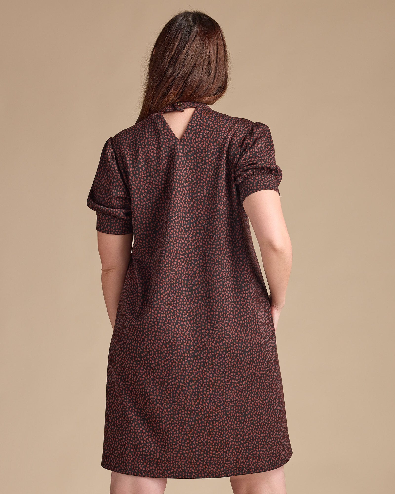 Woman in a half-sleeve, knee-length, mock-neck, brown dress