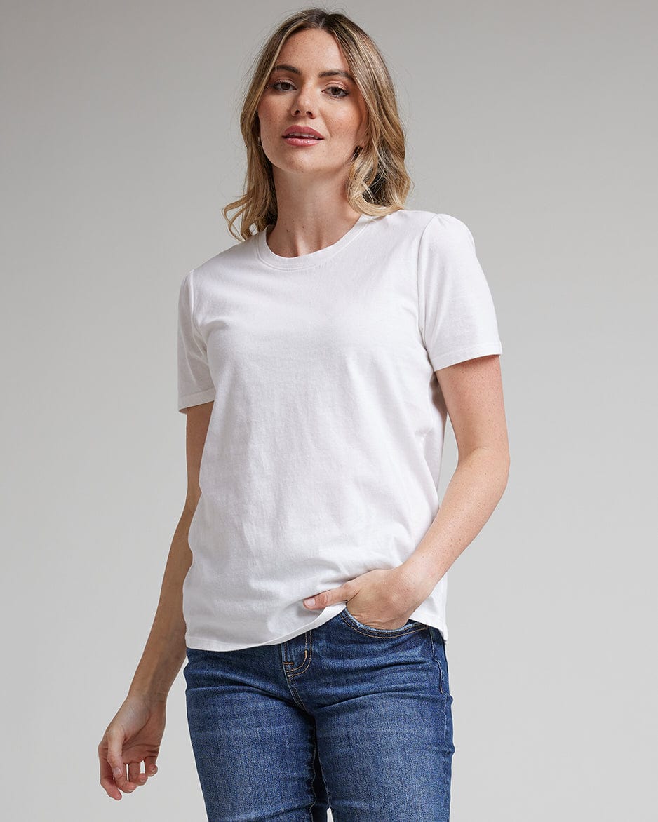 Woman in a white, short sleeve basic t-shirt