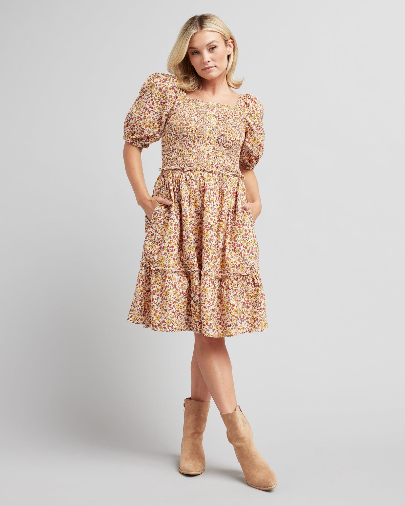 Wild Fable Floral Print Puff-Sleeve Smocked Short Dress