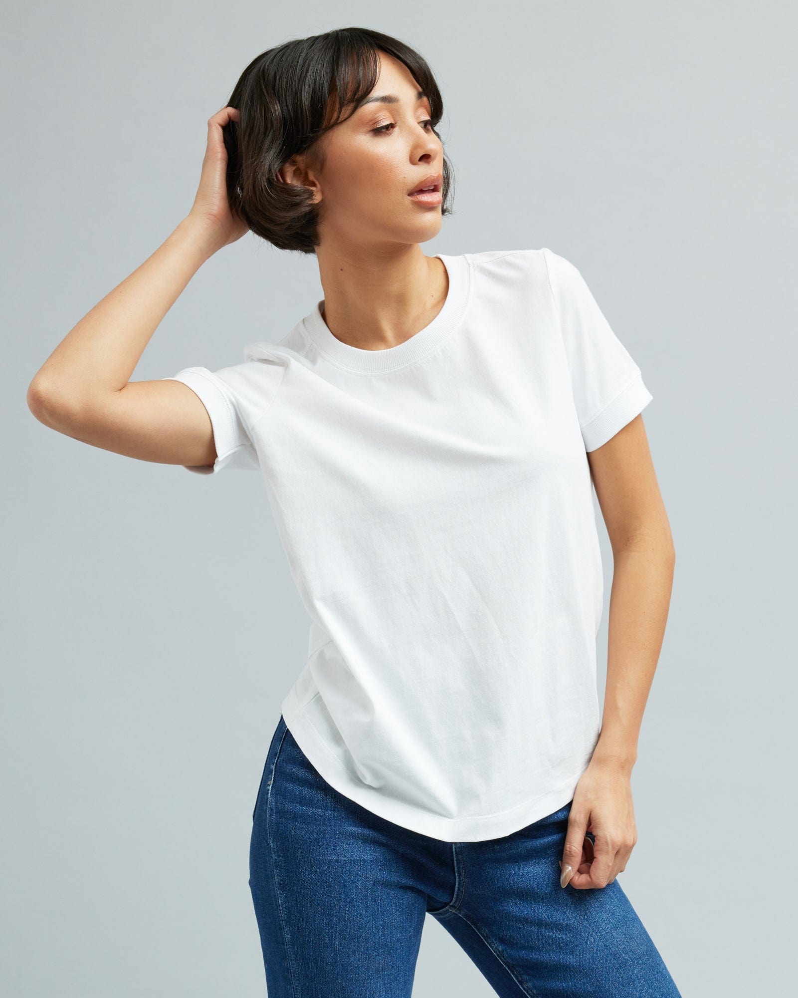 Woman in a short sleeved basic t-shirt