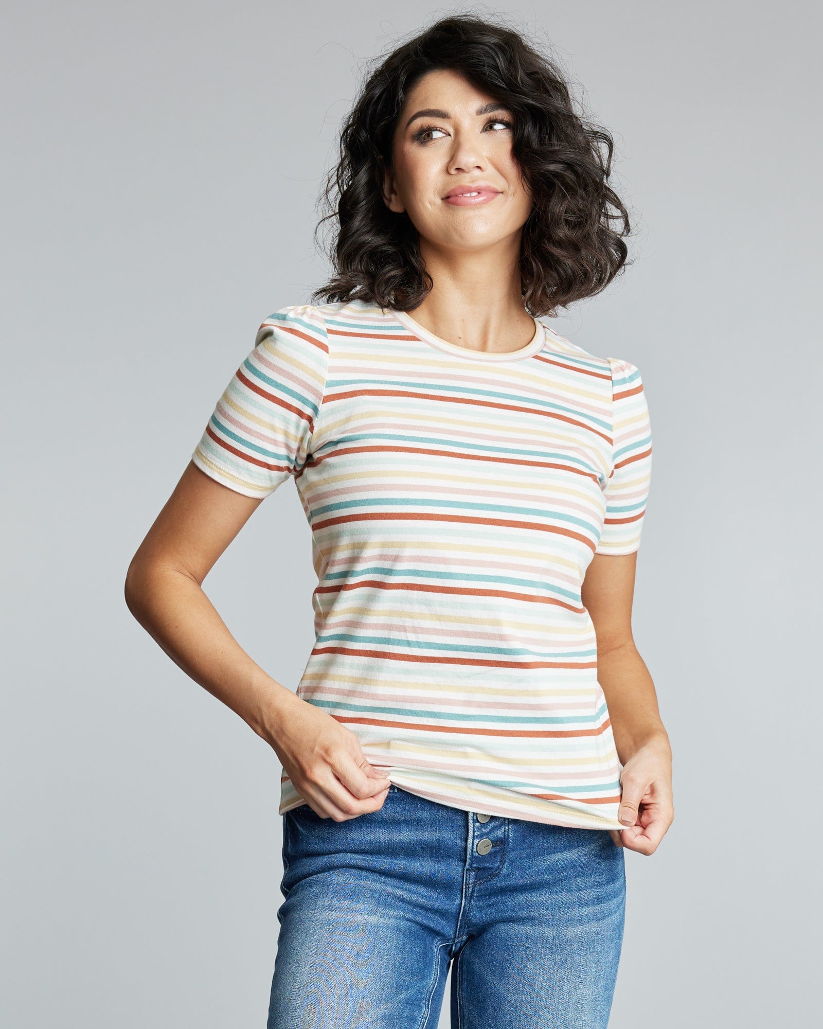 Woman in a short sleeve striped t-shirt