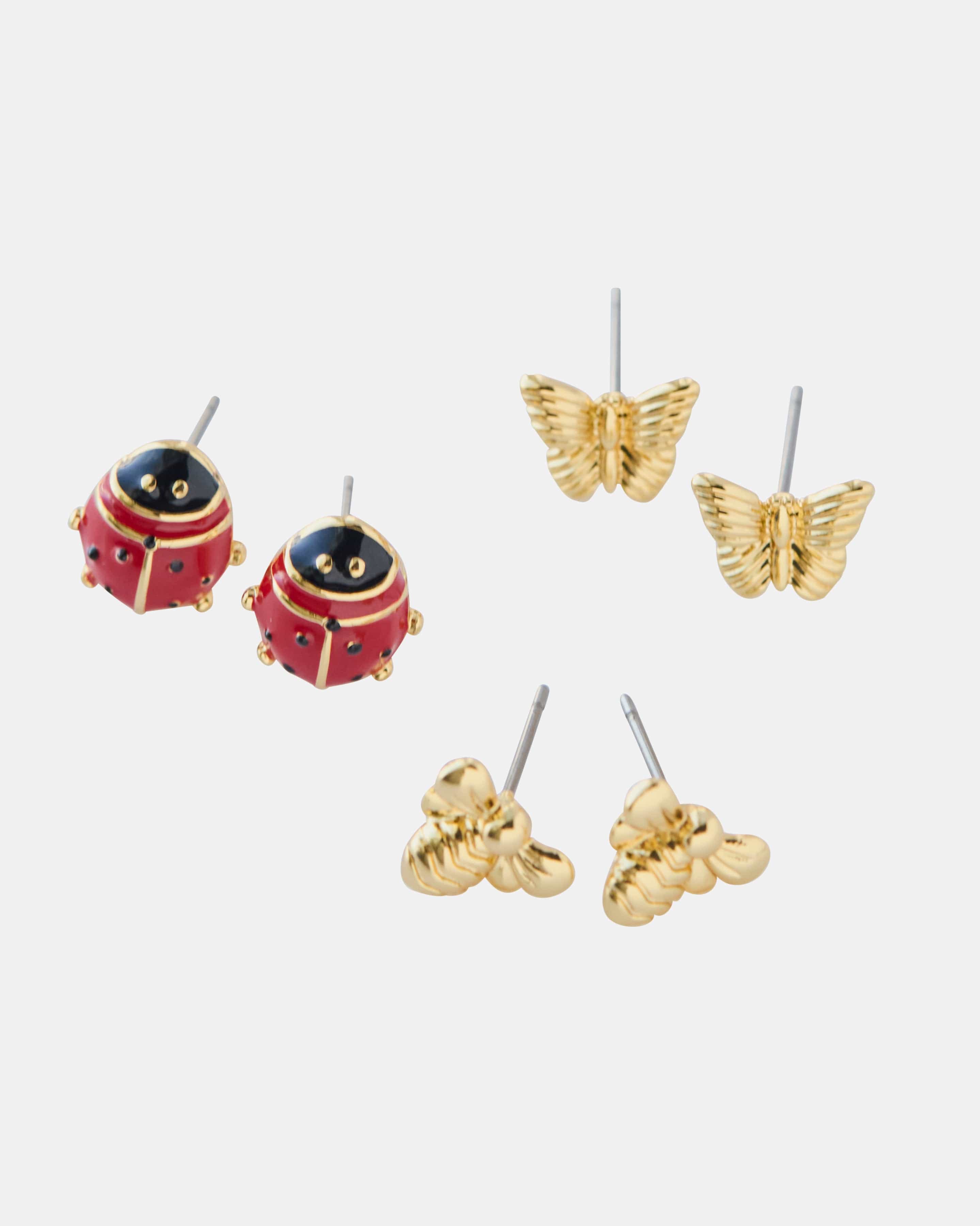 Three-piece earring set of gold butterflies, gold bees, red ladybugs.