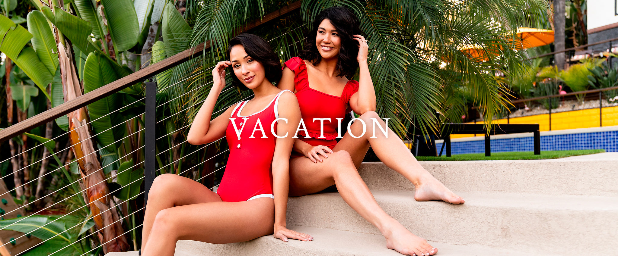 Two women in red swimsuits. Shop all vacation styles.