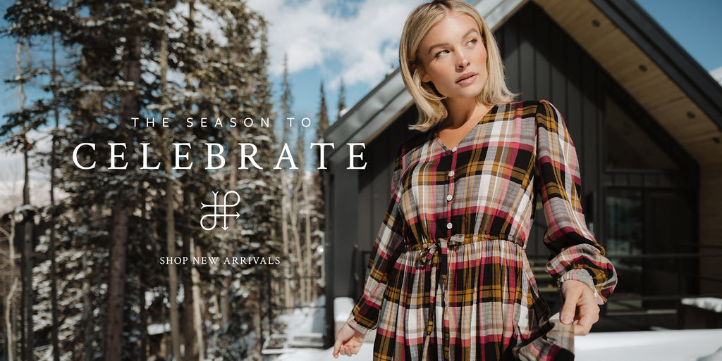 The Season to Be Grateful- Shop New Arrivals. A women in Plaid Dresses.