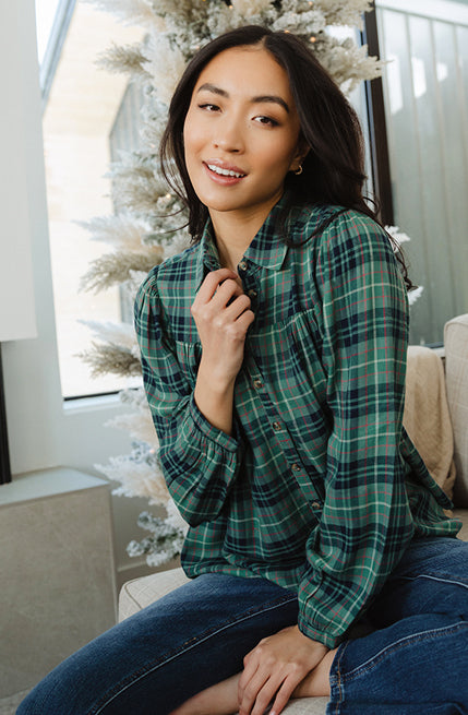 Plaid green and blue blouse