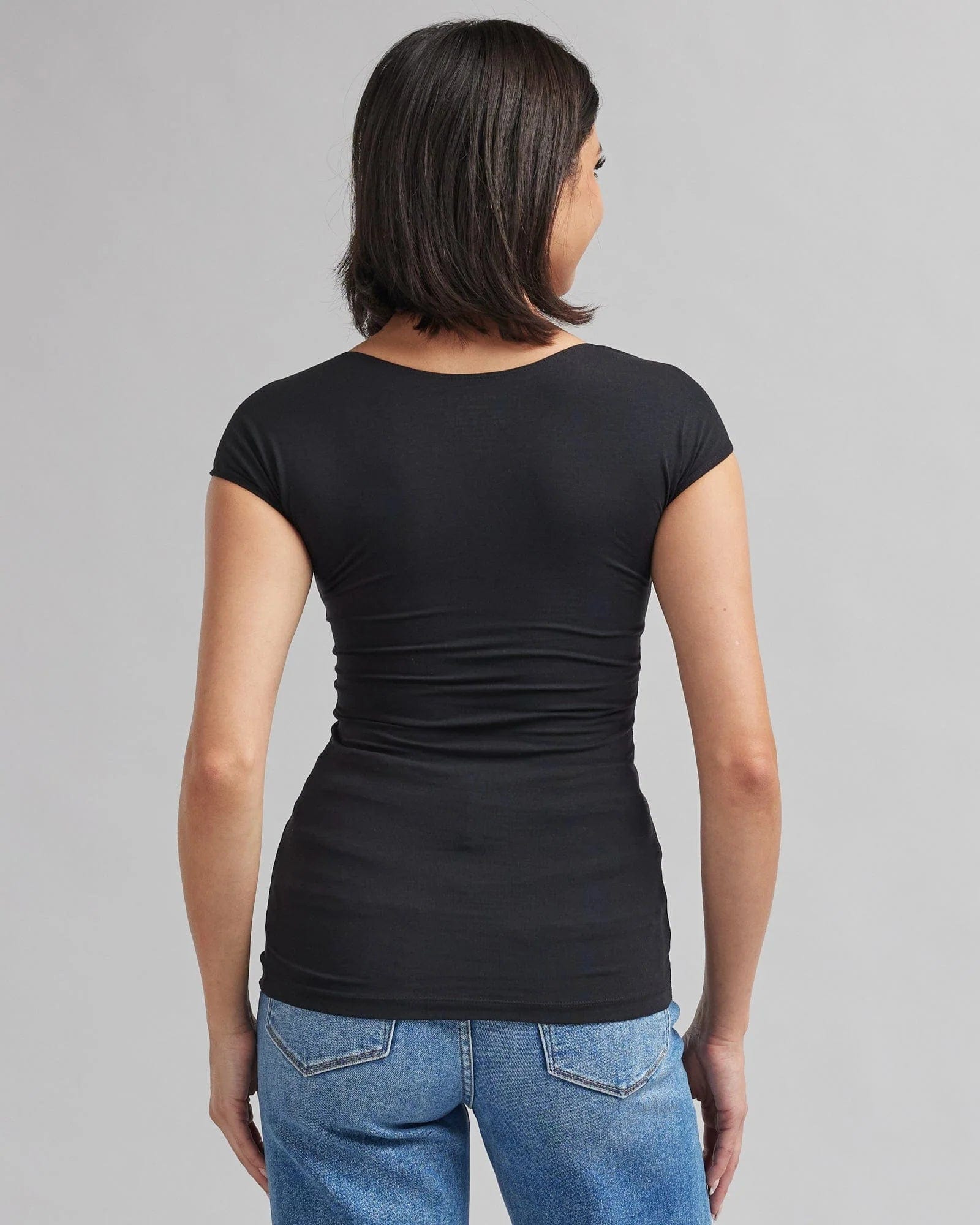 Woman in black, short sleeve, basic tee